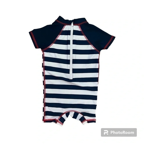 Floatimini short sleeve half zip one piece bathing suit, navy/white and crab 12M - Picture 2 of 2